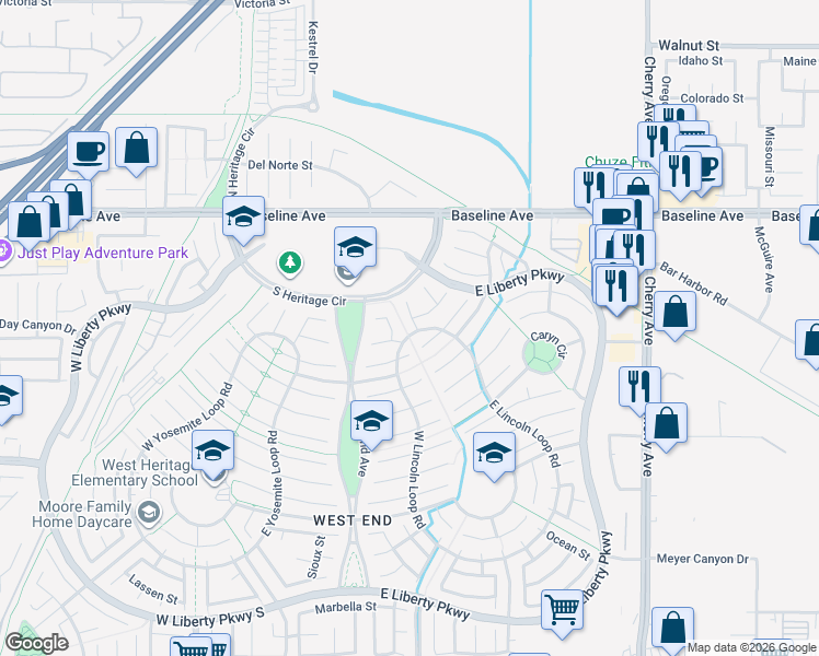 map of restaurants, bars, coffee shops, grocery stores, and more near 7482 Cambridge Street in Fontana