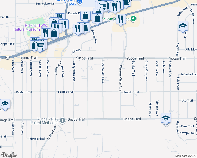 map of restaurants, bars, coffee shops, grocery stores, and more near 7432 Lucerne Vista Avenue in Yucca Valley