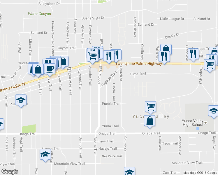 map of restaurants, bars, coffee shops, grocery stores, and more near 7430 Borrego Trail in Yucca Valley