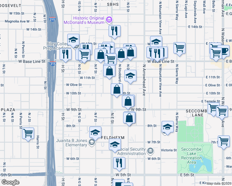 map of restaurants, bars, coffee shops, grocery stores, and more near 457 West 10th Street in San Bernardino