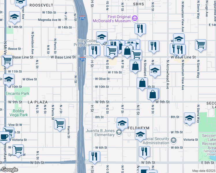 map of restaurants, bars, coffee shops, grocery stores, and more near 997 North G Street in San Bernardino
