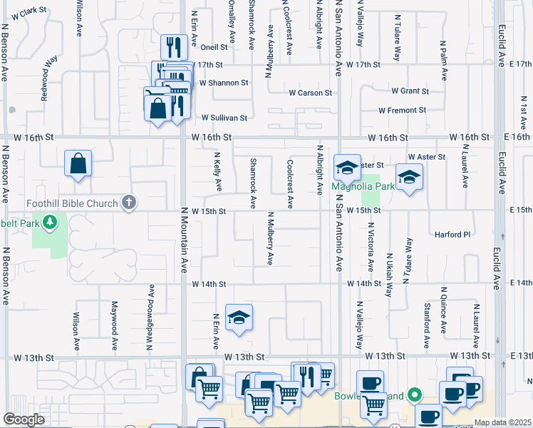map of restaurants, bars, coffee shops, grocery stores, and more near 1020 West 15th Street in Upland