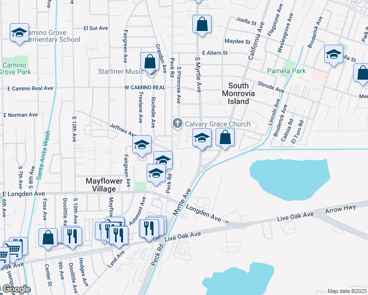 map of restaurants, bars, coffee shops, grocery stores, and more near 2548 Peck Road in Monrovia