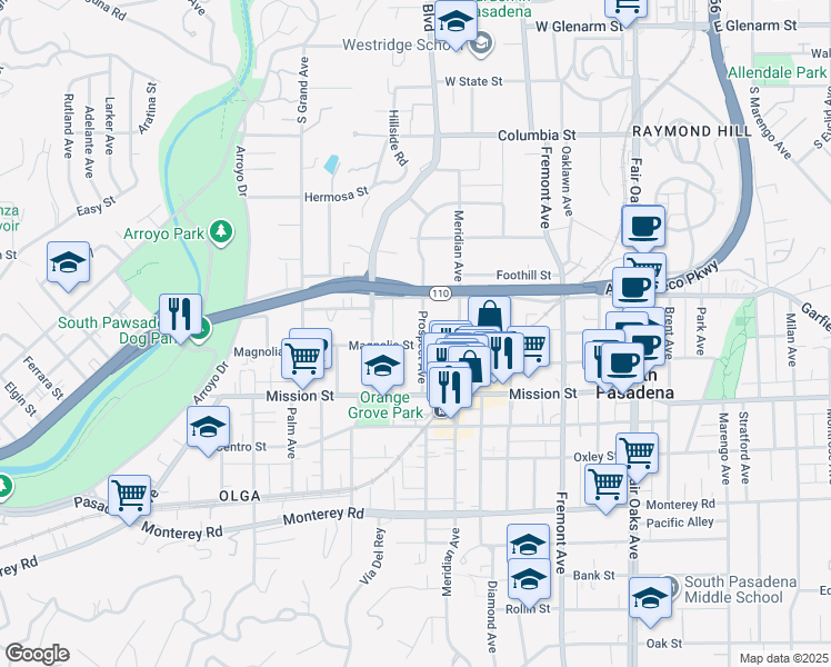 map of restaurants, bars, coffee shops, grocery stores, and more near 820 Magnolia Street in South Pasadena