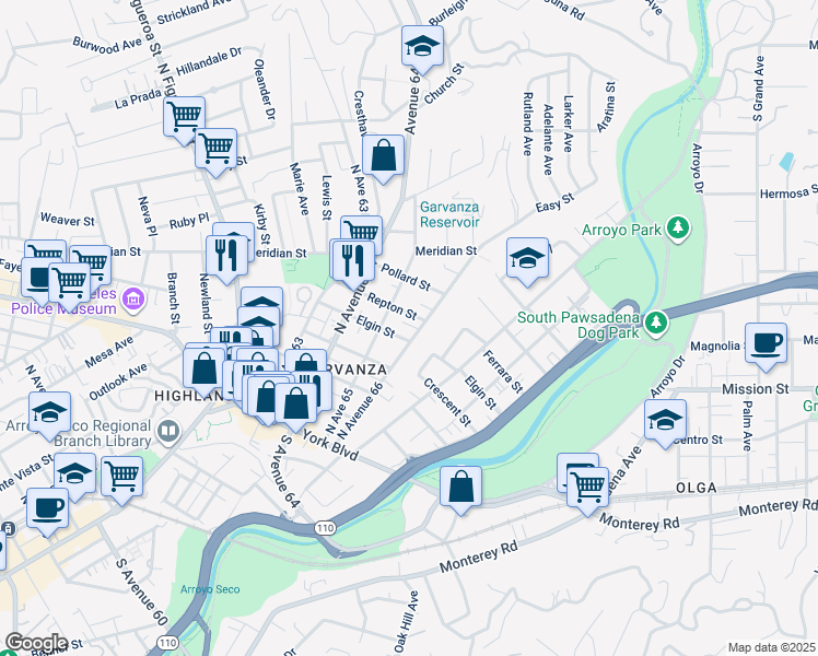 map of restaurants, bars, coffee shops, grocery stores, and more near 6519 Elgin Street in Los Angeles