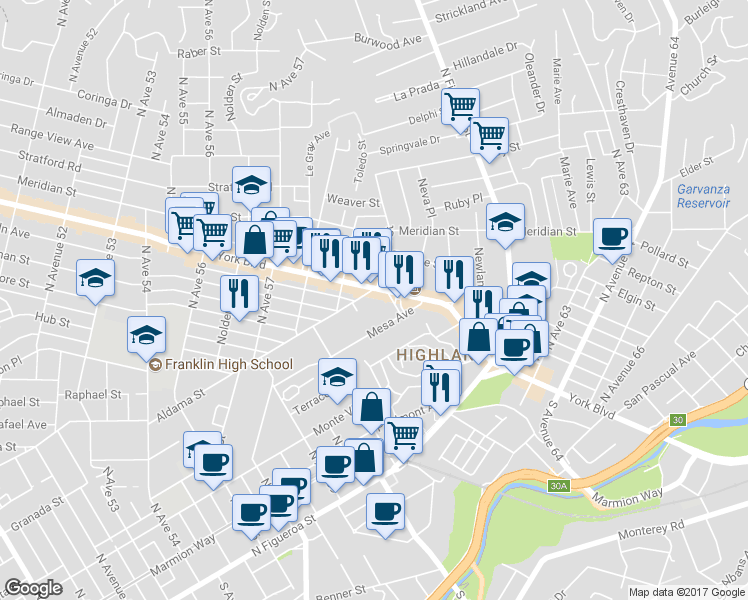 map of restaurants, bars, coffee shops, grocery stores, and more near 6176 Aldama Street in Los Angeles