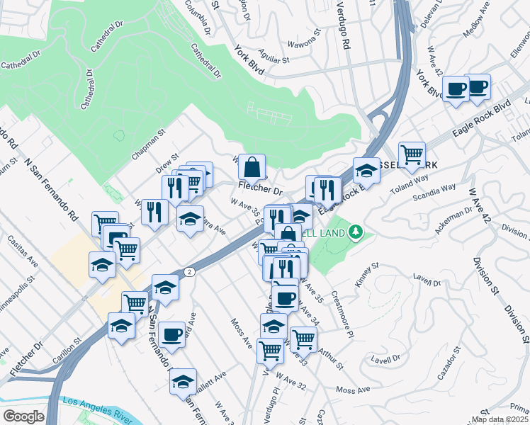 map of restaurants, bars, coffee shops, grocery stores, and more near 2952 1/2 West Avenue 35 in Los Angeles