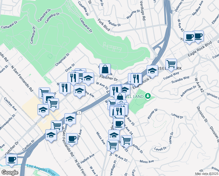 map of restaurants, bars, coffee shops, grocery stores, and more near 2952 1/2 West Avenue 35 in Los Angeles