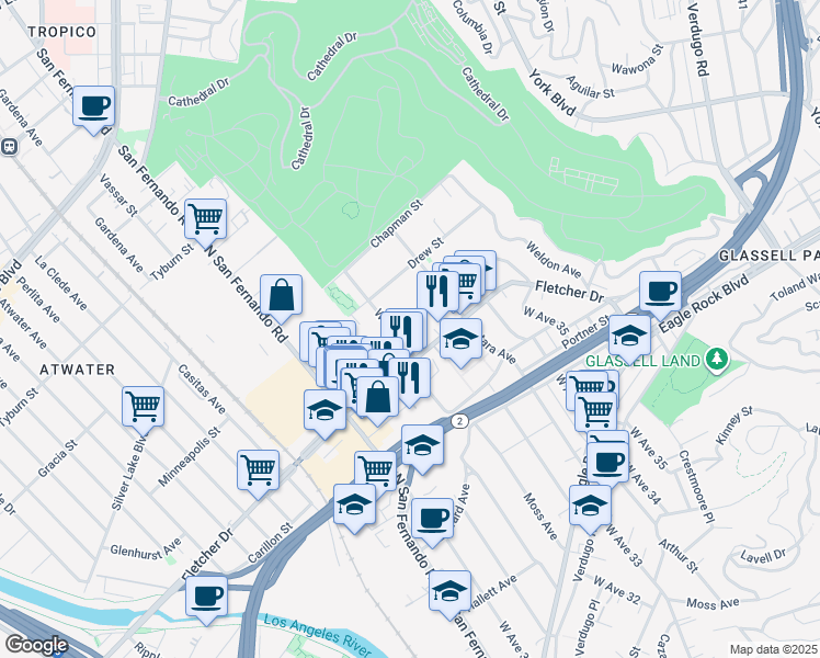 map of restaurants, bars, coffee shops, grocery stores, and more near 3127 West Avenue 32 in Los Angeles