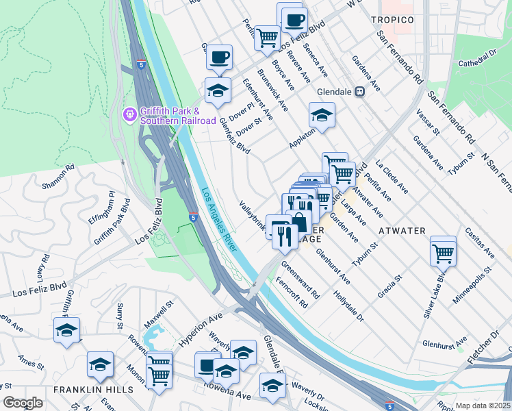 map of restaurants, bars, coffee shops, grocery stores, and more near 3733 Valleybrink Road in Los Angeles