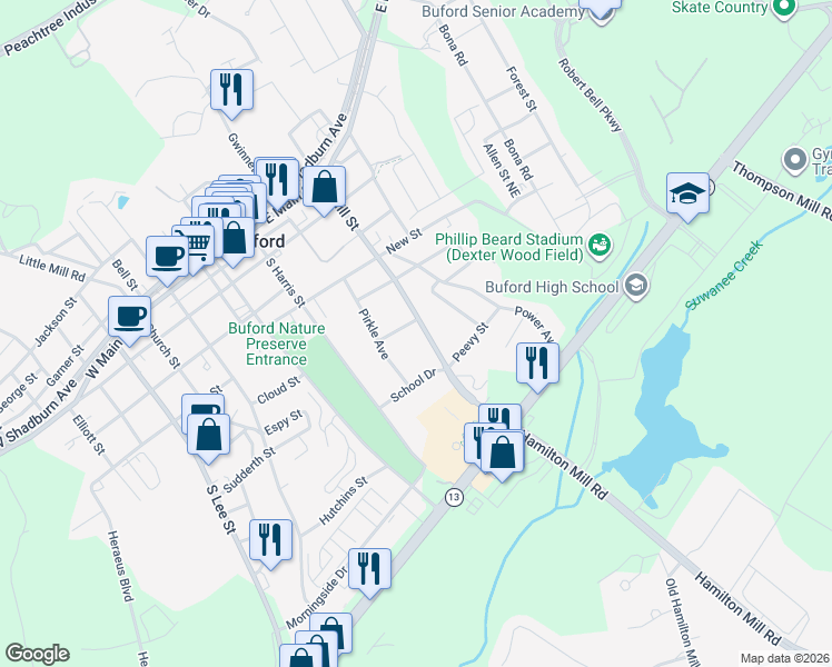 map of restaurants, bars, coffee shops, grocery stores, and more near 513 South Hill Street in Buford