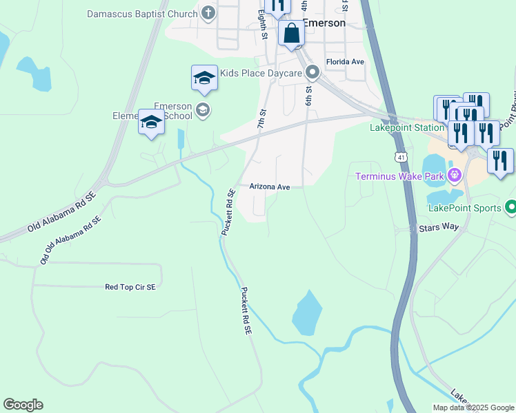 map of restaurants, bars, coffee shops, grocery stores, and more near 25 Hollyhock Lane in Emerson