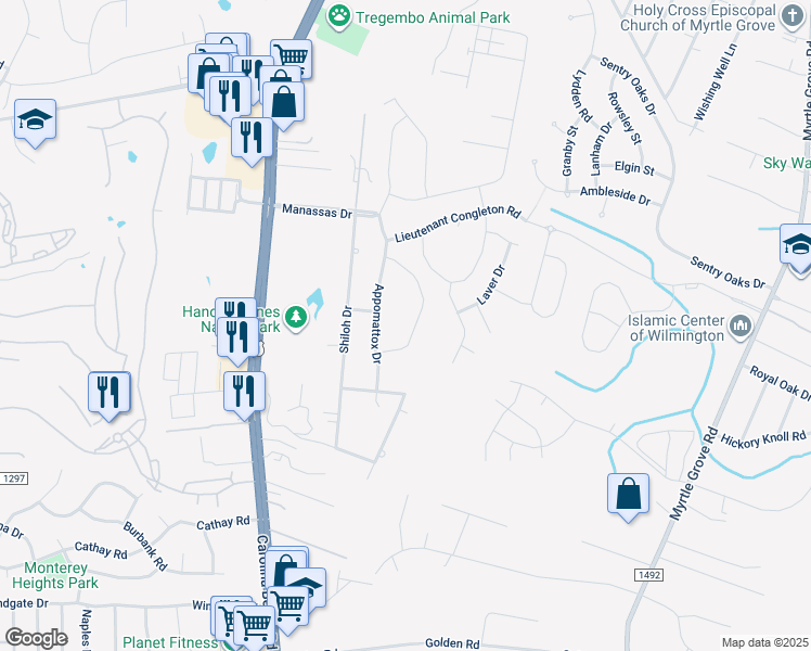map of restaurants, bars, coffee shops, grocery stores, and more near 768 Liberty Landing Way in Wilmington