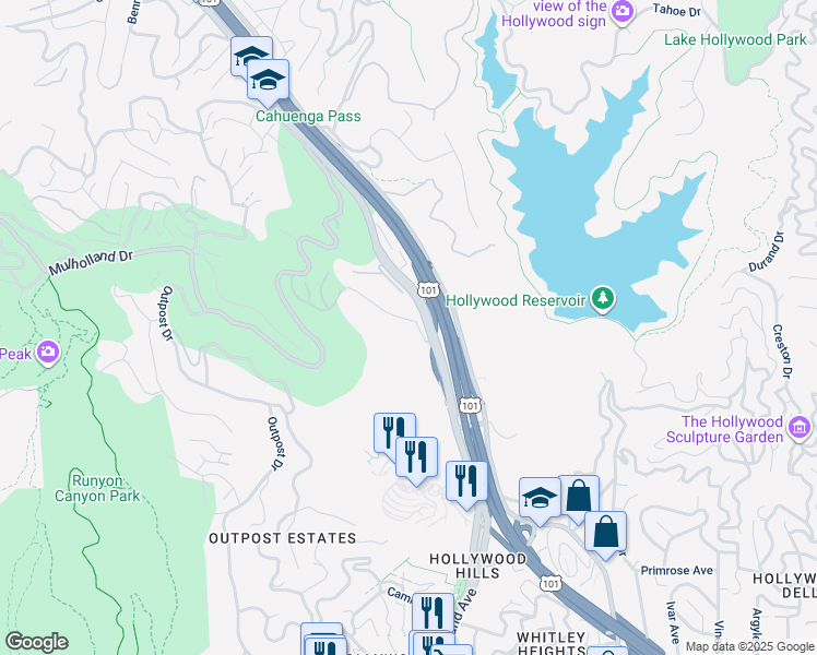 map of restaurants, bars, coffee shops, grocery stores, and more near 6700 Hillpark Drive in Los Angeles