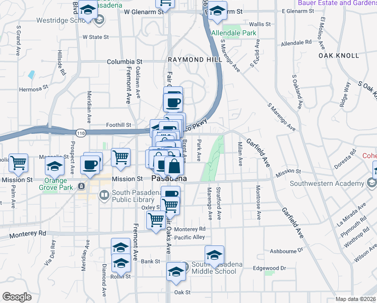 map of restaurants, bars, coffee shops, grocery stores, and more near 716 Brent Avenue in South Pasadena