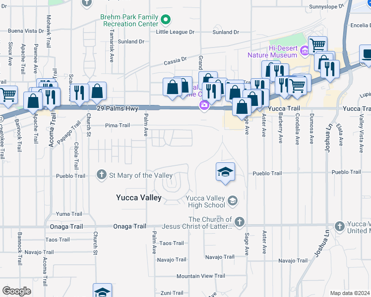 map of restaurants, bars, coffee shops, grocery stores, and more near 56653 Desert Vista Circle in Yucca Valley
