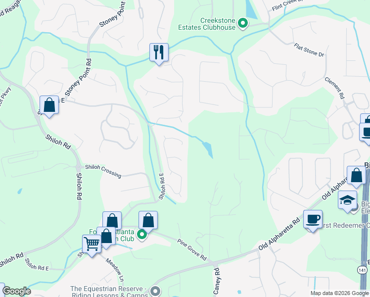 map of restaurants, bars, coffee shops, grocery stores, and more near 6895 Ridgefield Drive in Alpharetta
