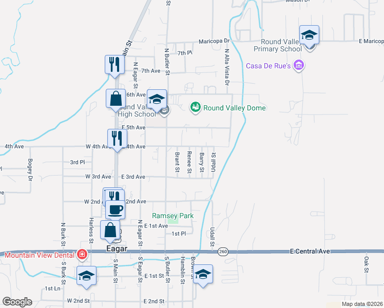 map of restaurants, bars, coffee shops, grocery stores, and more near 300-398 Renee Street in Eagar