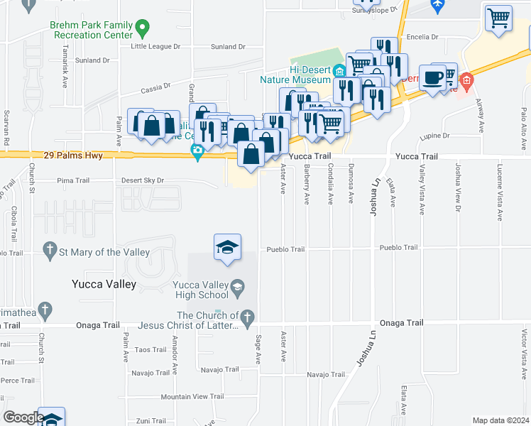 map of restaurants, bars, coffee shops, grocery stores, and more near 7433 Sage Avenue in Yucca Valley