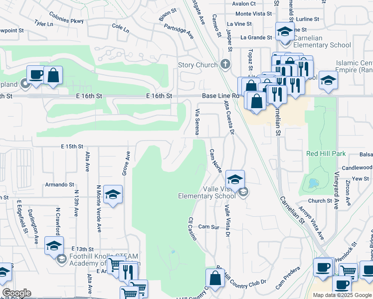 map of restaurants, bars, coffee shops, grocery stores, and more near 7519 Cerrito Rojo Drive in Rancho Cucamonga