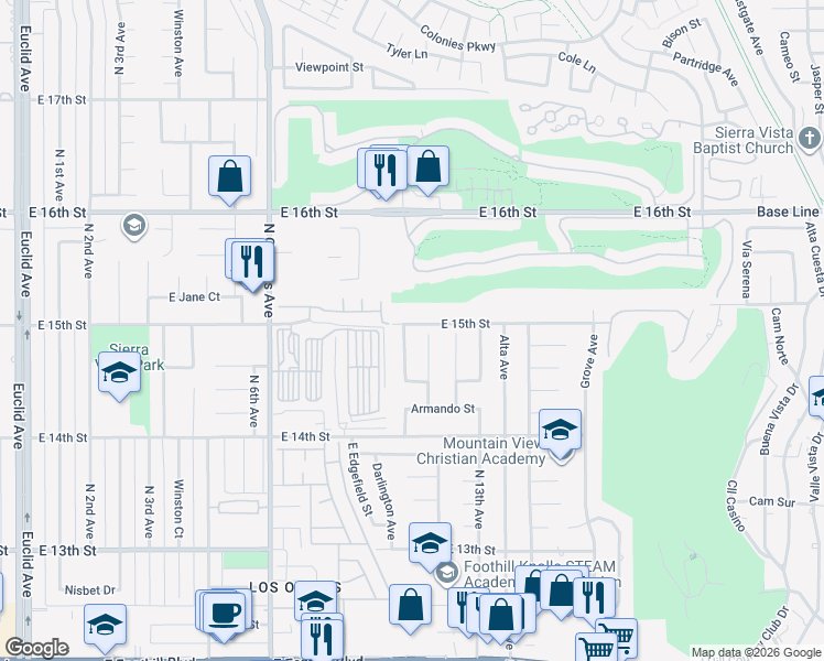 map of restaurants, bars, coffee shops, grocery stores, and more near 1488 Fernando Avenue in Upland