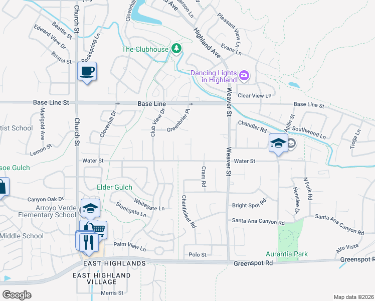 map of restaurants, bars, coffee shops, grocery stores, and more near 7464 Vía Deldene in Highland