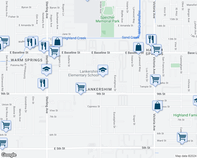 map of restaurants, bars, coffee shops, grocery stores, and more near 26098 10th Street in Highland