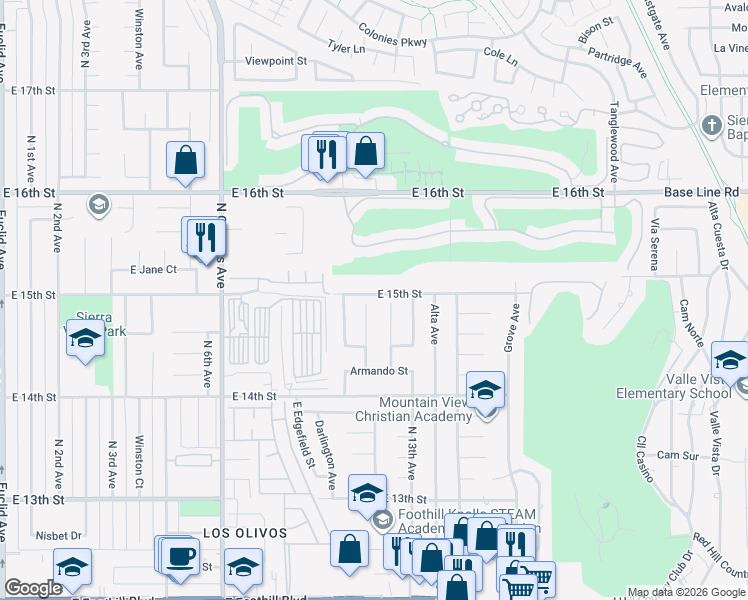map of restaurants, bars, coffee shops, grocery stores, and more near 1498 Diego Way in Upland