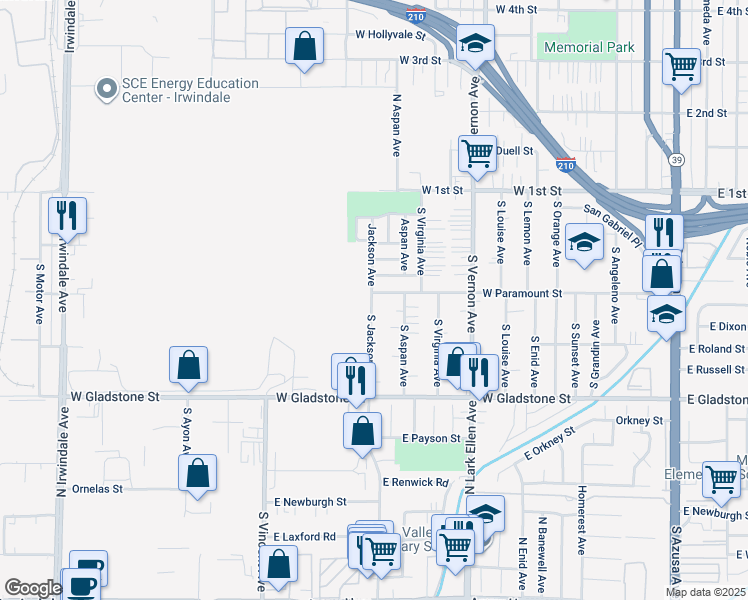 map of restaurants, bars, coffee shops, grocery stores, and more near 980 West Paramount Street in Azusa