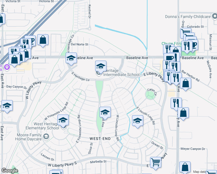 map of restaurants, bars, coffee shops, grocery stores, and more near 7470 Oxford Court in Fontana