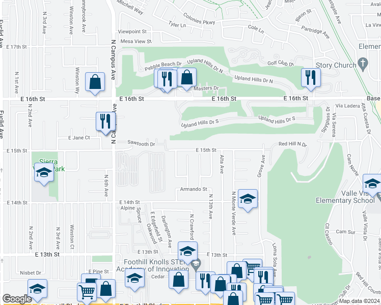 map of restaurants, bars, coffee shops, grocery stores, and more near 1498 Diego Way in Upland