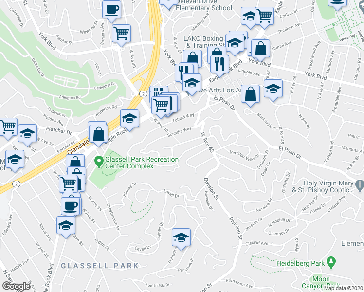 map of restaurants, bars, coffee shops, grocery stores, and more near 3960 Verdugo View Drive in Los Angeles