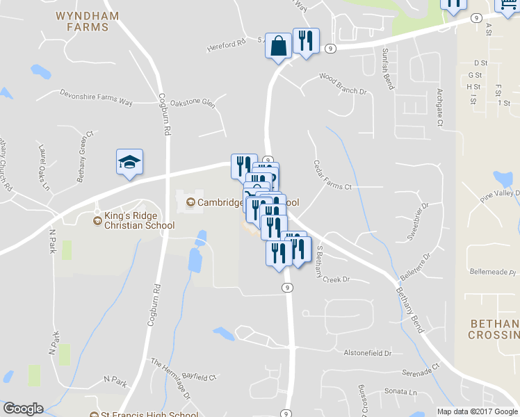 map of restaurants, bars, coffee shops, grocery stores, and more near 13800 Bethany Way in Alpharetta
