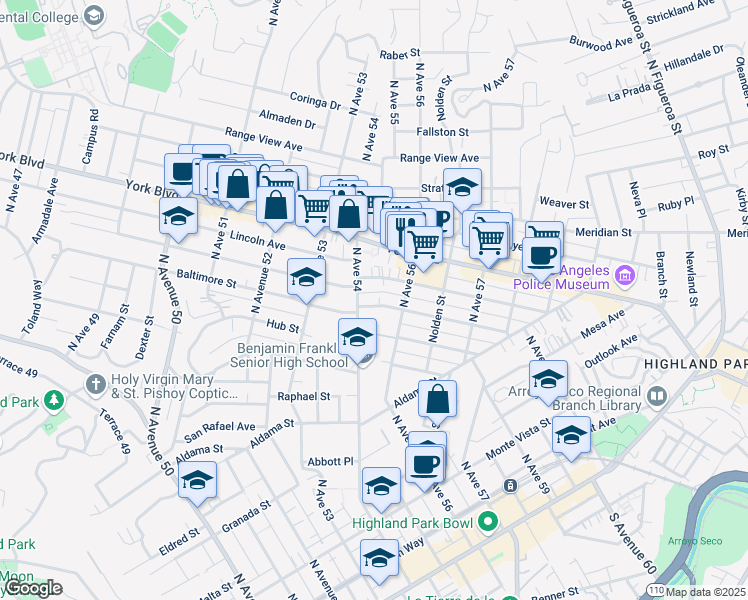 map of restaurants, bars, coffee shops, grocery stores, and more near 5421 Baltimore Street in Los Angeles