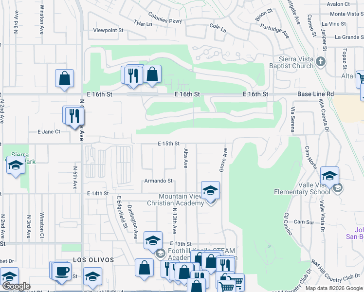 map of restaurants, bars, coffee shops, grocery stores, and more near 1499 Alta Avenue in Upland