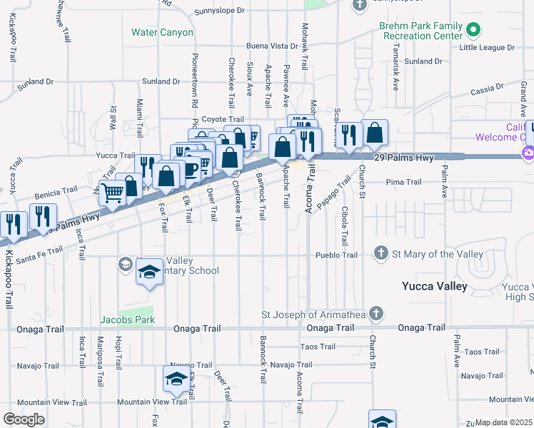 map of restaurants, bars, coffee shops, grocery stores, and more near 7405 Bannock Trail in Yucca Valley