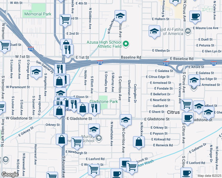 map of restaurants, bars, coffee shops, grocery stores, and more near 531 Mason Street in Azusa