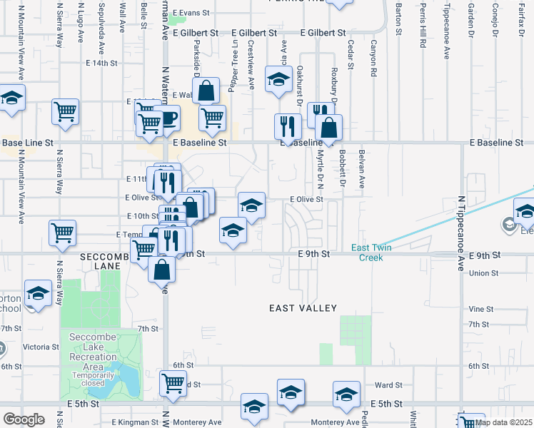 map of restaurants, bars, coffee shops, grocery stores, and more near 1000 North Valencia Avenue in San Bernardino