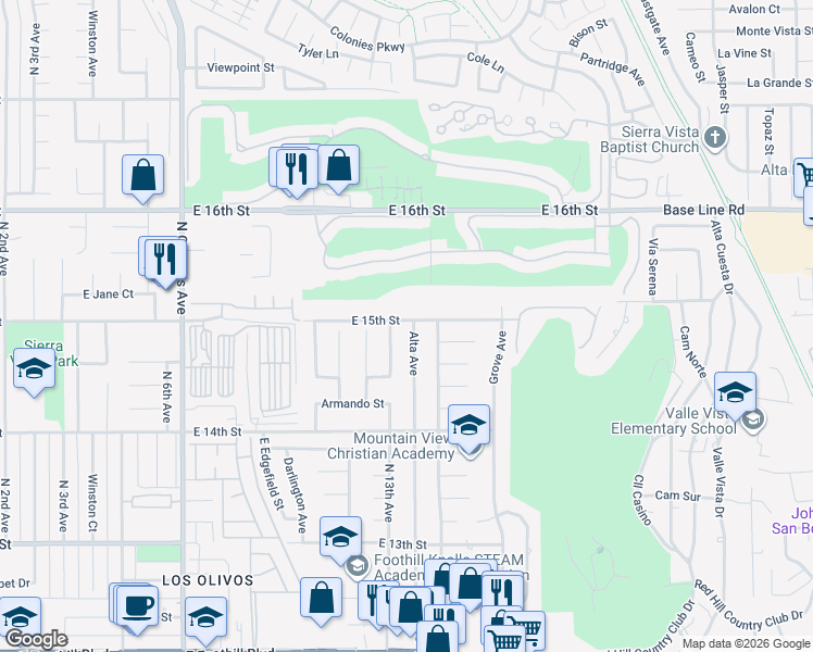 map of restaurants, bars, coffee shops, grocery stores, and more near 1499 Alta Avenue in Upland
