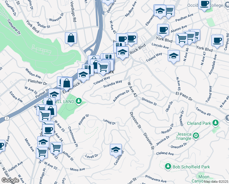 map of restaurants, bars, coffee shops, grocery stores, and more near 3954 Verdugo View Drive in Los Angeles