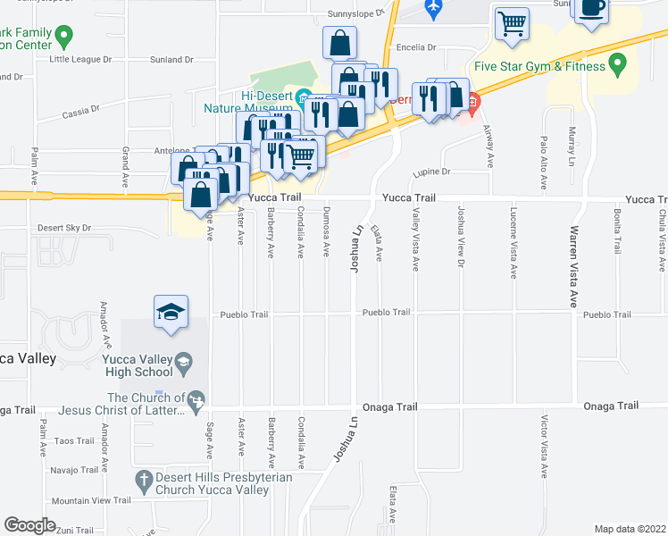 map of restaurants, bars, coffee shops, grocery stores, and more near 7422 Joshua Lane in Yucca Valley