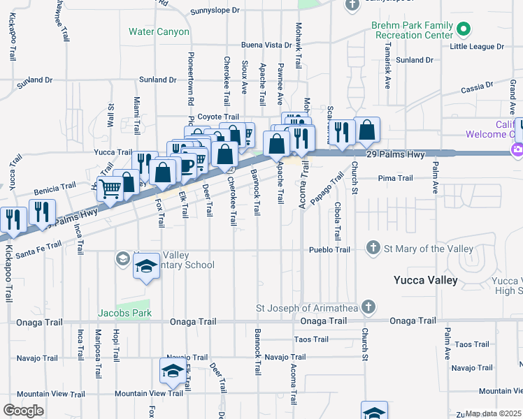 map of restaurants, bars, coffee shops, grocery stores, and more near 7405 Bannock Trail in Yucca Valley