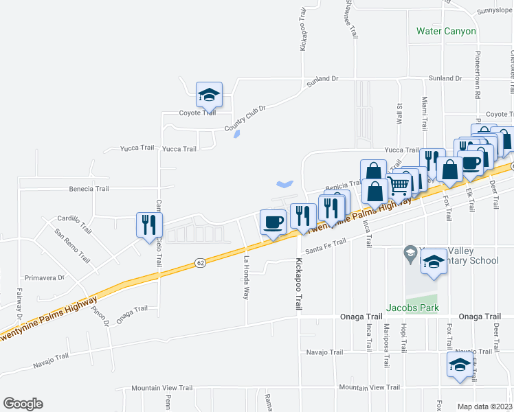 map of restaurants, bars, coffee shops, grocery stores, and more near 55190 Airlane Drive in Yucca Valley