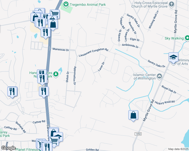 map of restaurants, bars, coffee shops, grocery stores, and more near Ovates Lane in Wilmington