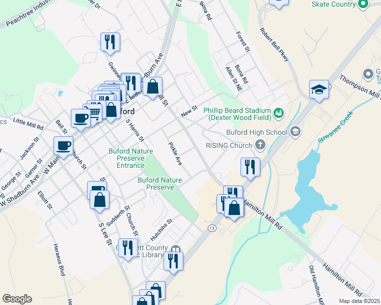 map of restaurants, bars, coffee shops, grocery stores, and more near 283 Murphy Street in Buford