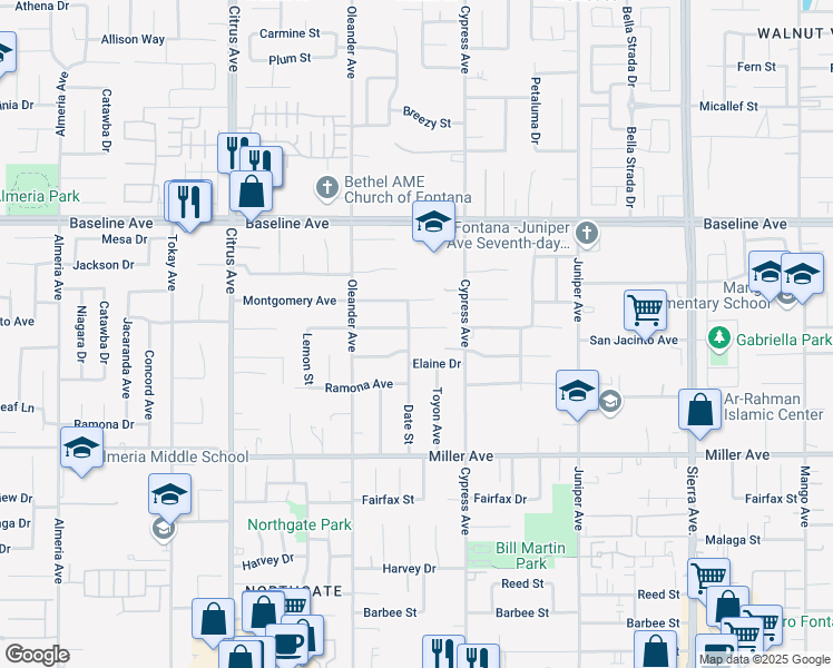 map of restaurants, bars, coffee shops, grocery stores, and more near 7520 Date Street in Fontana