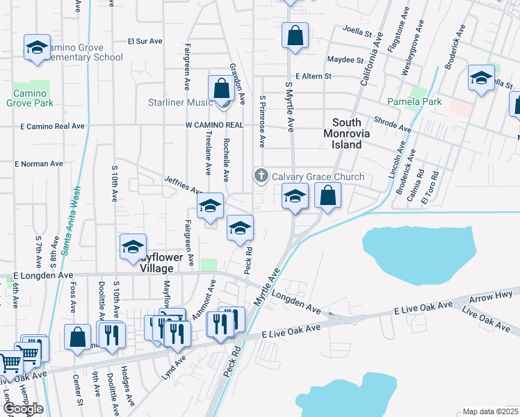 map of restaurants, bars, coffee shops, grocery stores, and more near 2548 Peck Road in Monrovia