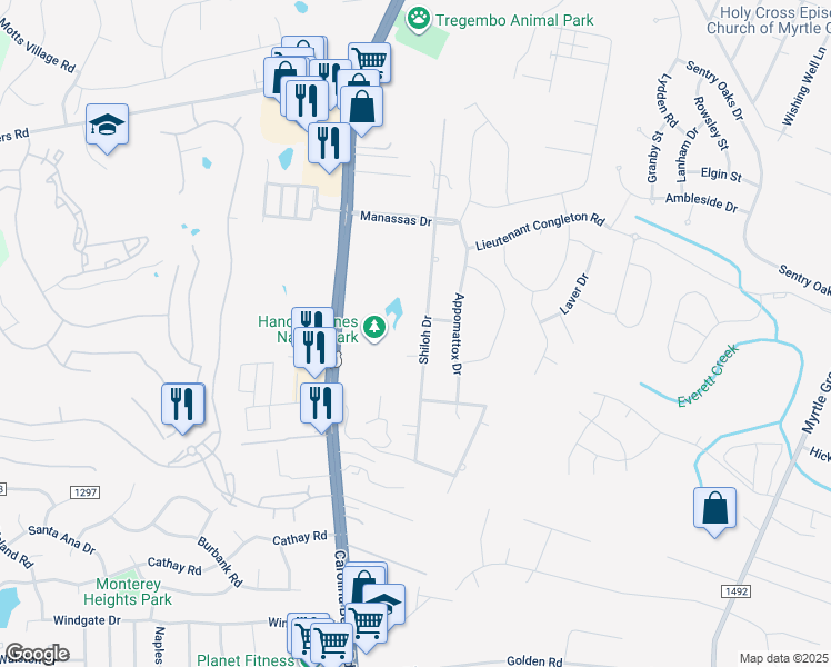 map of restaurants, bars, coffee shops, grocery stores, and more near 6102 Shiloh Drive in Wilmington