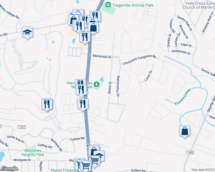 map of restaurants, bars, coffee shops, grocery stores, and more near 6102 Shiloh Drive in Wilmington