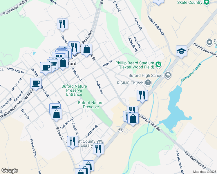 map of restaurants, bars, coffee shops, grocery stores, and more near 283 Murphy Street in Buford